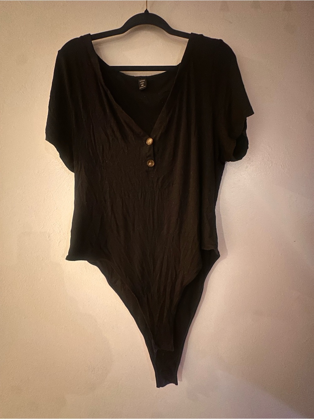 SHEIN Black Short Sleeve V-Neck Bodysuit with Button Detail